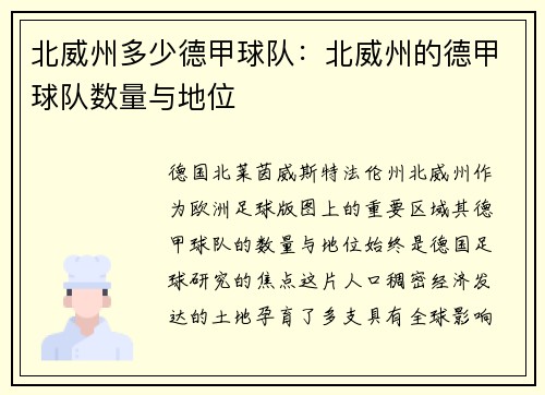 北威州多少德甲球队：北威州的德甲球队数量与地位
